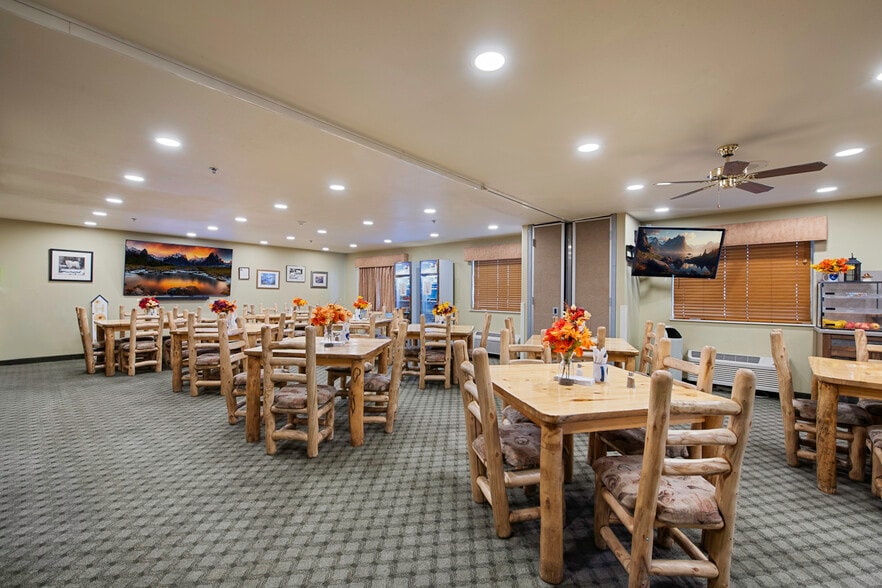 Breakfast area with rustic timber tables